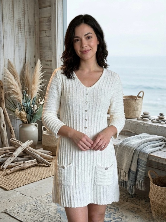 Lulu-B Dresses & Skirts - Lulu-B White Ribbed Knit Tunic Sweater Cotton Henley Size S Coastal Grandmother